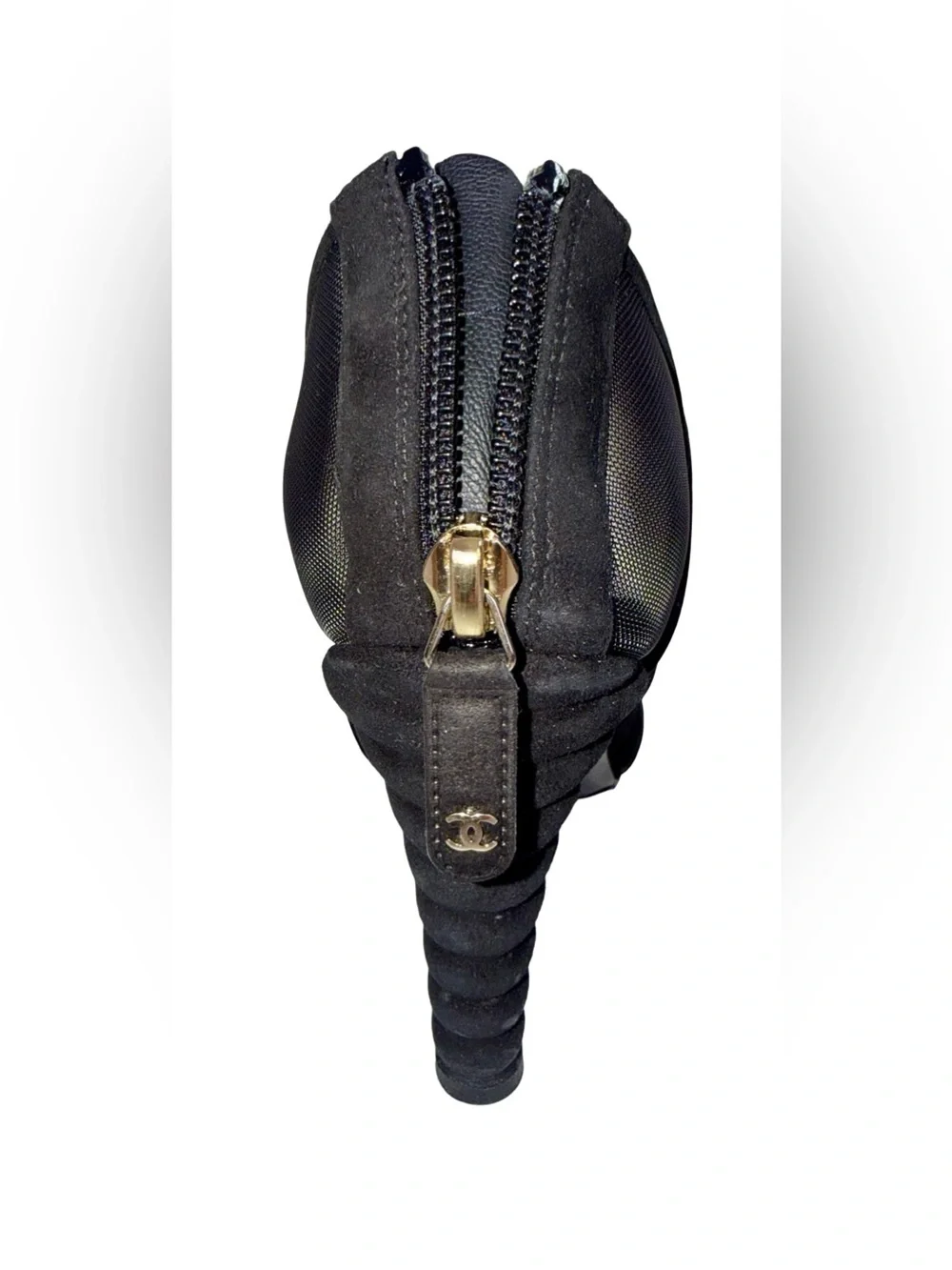CHANEL BLACK SUEDE AND MESH SCULPTURAL HEEL PUMPS